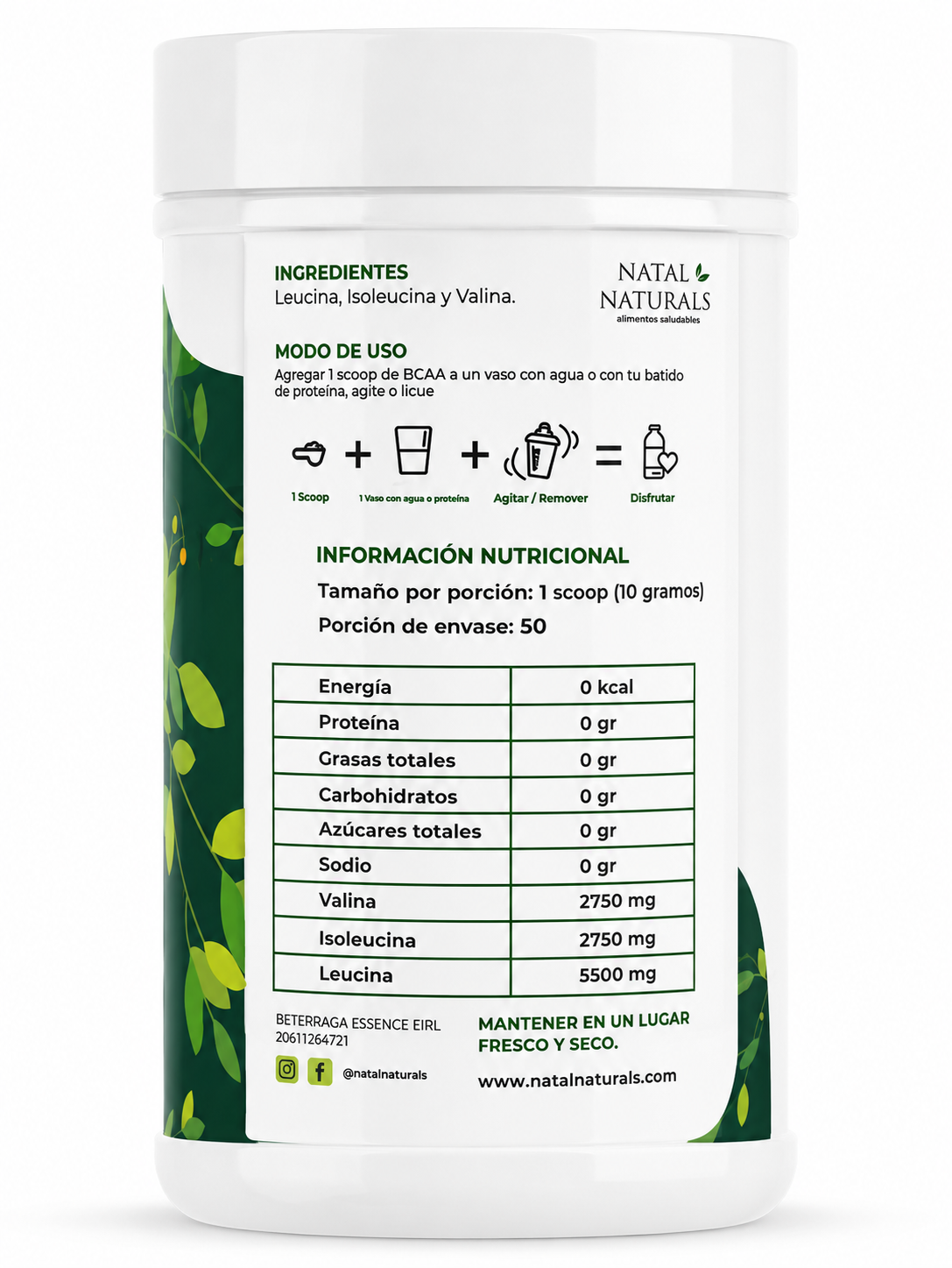 BCAA Natal Naturals 500 g | Aminoácidos de Cadena Ramificada - Imagen 2