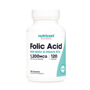 Ácido Fólico 1,200 mcg con B12 y Biotina – 120 Cápsulas | Nutricost