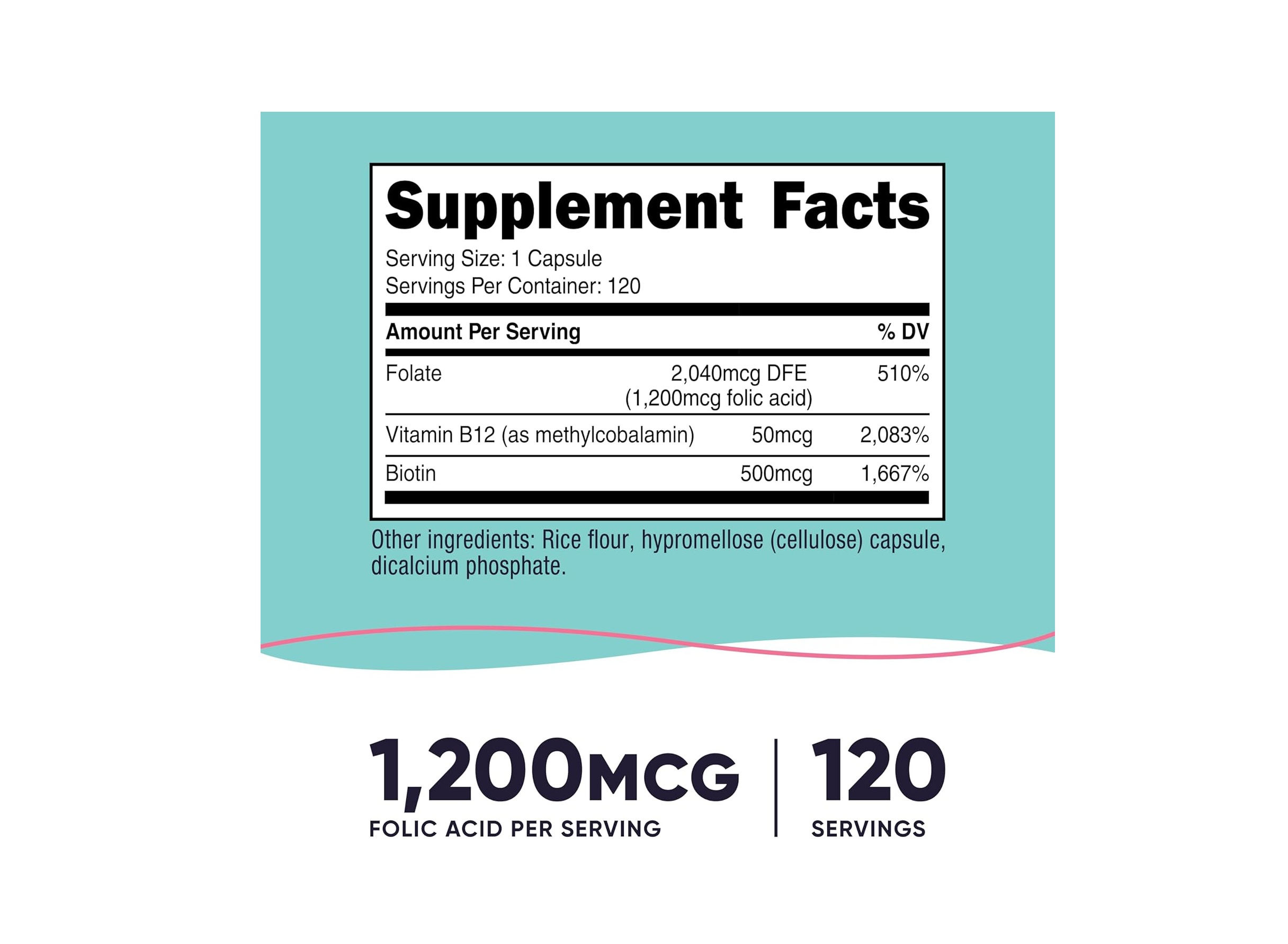 Ácido Fólico 1,200 mcg con B12 y Biotina – 120 Cápsulas | Nutricost - Imagen 2