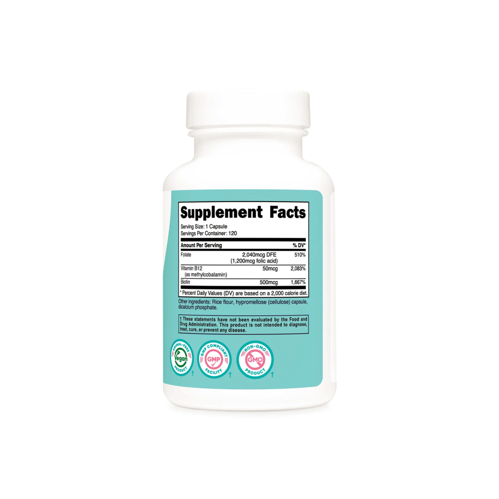 Ácido Fólico 1,200 mcg con B12 y Biotina – 120 Cápsulas | Nutricost - Imagen 3